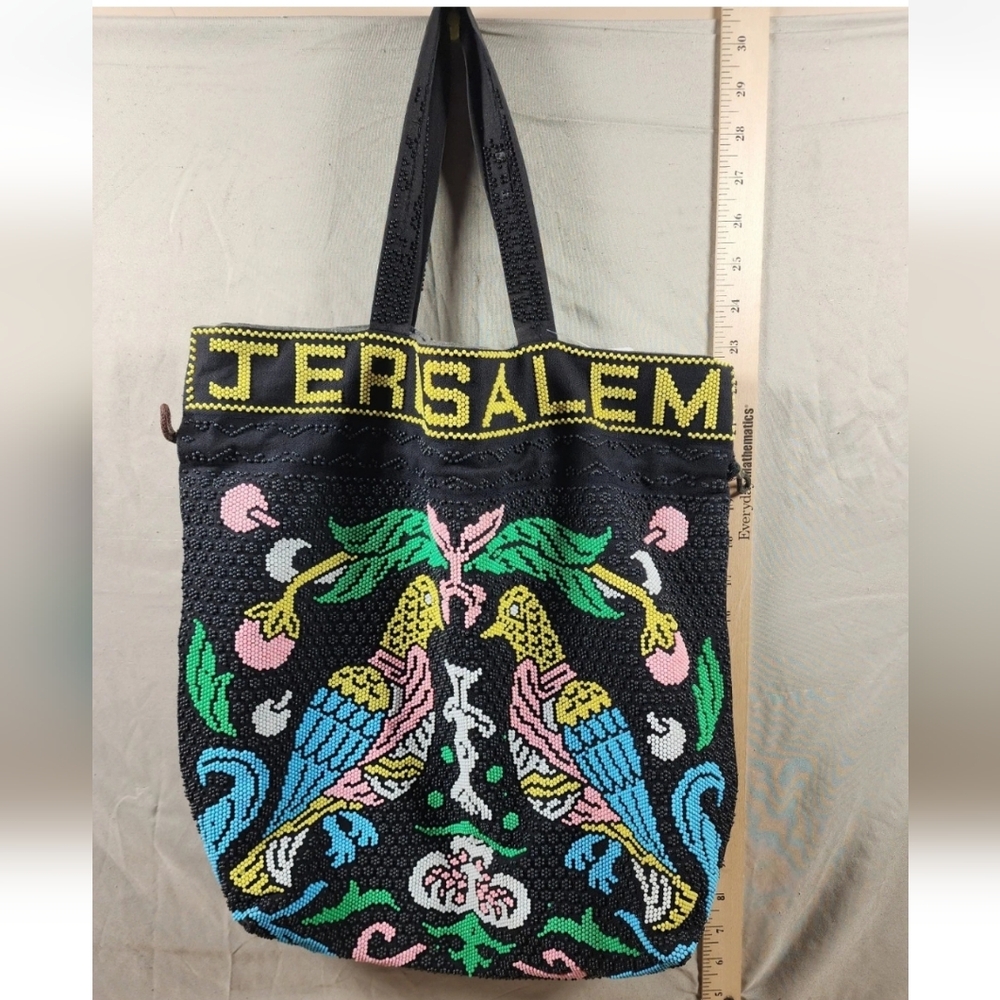 Vintage Hand Beaded Jerusalem Tote Bag Doves Floral Theme